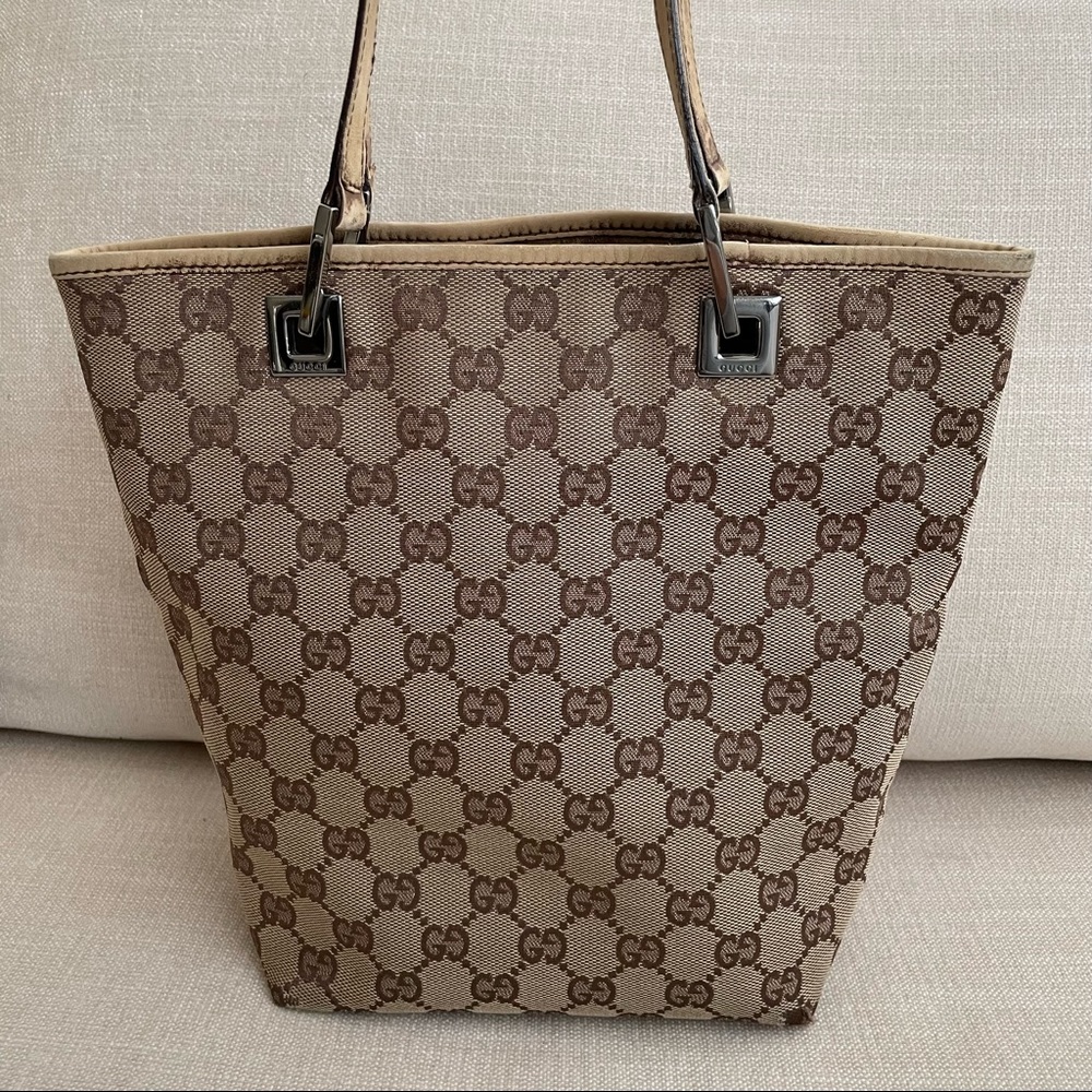 Authentic Gucci GG Canvas and Leather Small Tote Shoulder Bag 31244•002058